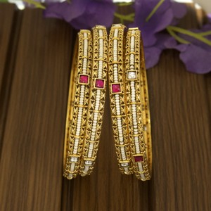 Traditional Imitation Trendy Slim Gold Plated Brass Bangle Set White Pearls Pink <b>Ruby</b> Stones for Women Girls Wedding Set 4 - Product Image 2