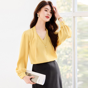 Yellow V-Neck Chiffon Shirt With Wrap Detail Office Wear Women's Blouse Long Sleeve Solid Color Polyester Top - Product Image 1