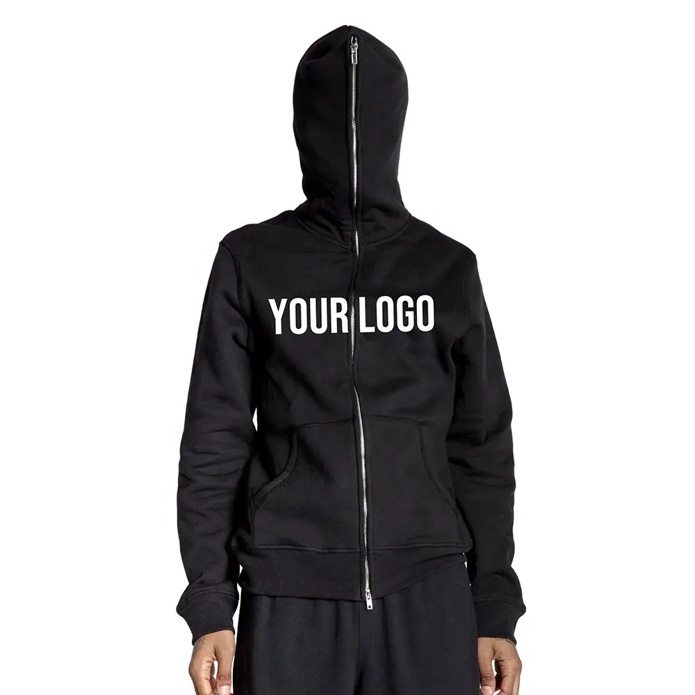 wholesale men zipper plain black hoodie manufacturer blank over face custom full zip up hoodie puff print