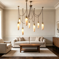 Lustre multi-têtes en albâtre espagnol, finition laiton vintage, lampe de luxe pour salle à manger, salon et projets hôteliers