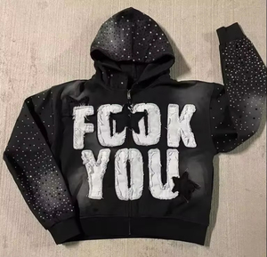 Hoodie personnalisé brodé, effet vieilli, avec strass, fermeture éclair, délavage acide, style vintage, en polaire pour homme, streetwear - Product Image 1