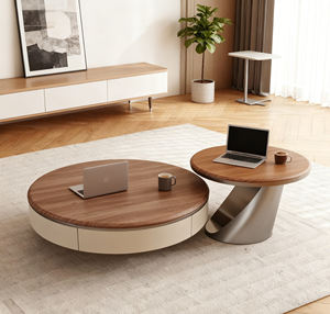 طاولة قهوة خشبية عتيقة من خشب البلوط/البتولا بلون الجوز مع درج وقاعدة من الفولاذ المقاوم للصدأ الذهبي - Product Image 3