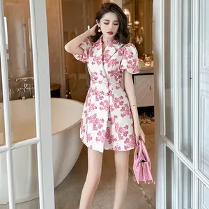 ZYHT 20598 Pink Floral Print V Neck Double Breasted Women Blazer Dresses Button Up Sexy Blazer Jacket Mini Dress