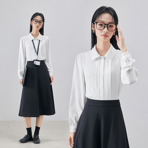 White Long Sleeve Chiffon Shirt For Women Work Uniform Solid Color Polyester Blouse Spring Autumn 2025 Simple Elegant Office - Product Image 1