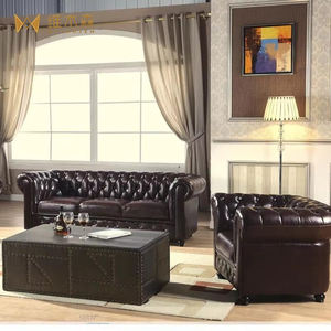 أريكة جلدية على الطراز الأمريكي الريفي القديم من الخشب الصلب، أريكة تشيرسفيلد جلدية أوروبية لغرفة المعيشة الصغيرة، أريكة مجمعة بحشوة إسفنجية - Product Image 2