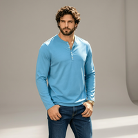 Kaos Henley Pria Lengan Panjang Biru Muda Kerah V Regular Fit Rajutan Katun Kasual Warna Solid Bernapas Ramah Lingkungan