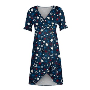 Vestido Midi Elegante para Mujer con Cuello en V, Mangas Cortas, Estampado Floral/de Puntos, Diseño Entallado, Detalle de Botones para Verano/Otoño - Product Image 2