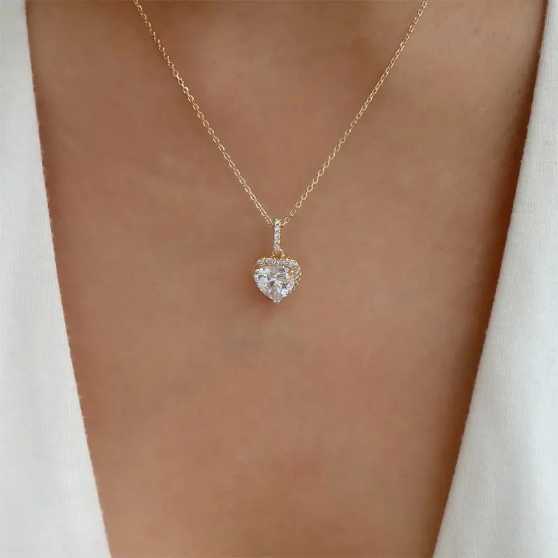 Sparkling Sweet Zircon Heart Necklace Women Gold Adjustable Chain Solid CZ Love Heart Pendant Necklace