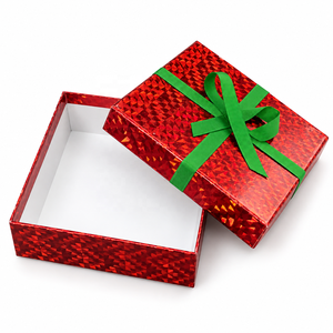 Custom <b>Square</b> Rigid Gift Box With Lid And Green Ribbon Bow Red Geometric Pattern Paper Packaging - Product Image 1