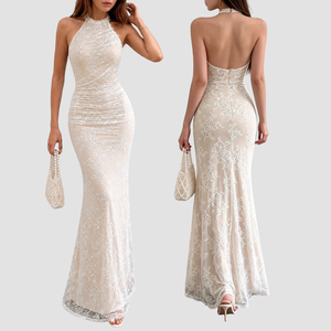 Robe longue élégante pour femme, col halter, patchwork de dentelle, taille froncée, sans manches - Product Image 1