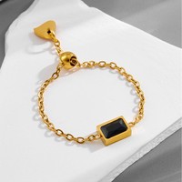 Bague réglable en acier inoxydable pour femmes à la mode avec placage à l'or exquis vert noir zircon cubique incrusté de chaîne coulissante