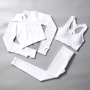 Conjunto de 3 Uds de Yoga sin costuras, Sujetador deportivo con cremallera, mallas de realce de cintura alta, traje de gimnasio con cordón, ropa de manga larga para entrenamiento físico - Product Image 5