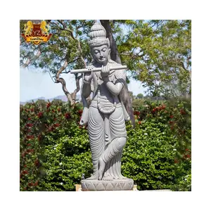 Dekorasi Taman Kustom Ukuran Hidup Patung Dewa India Patung Krishna Marmer Patung Batu Berdiri Krishna Bermain Flute Patung