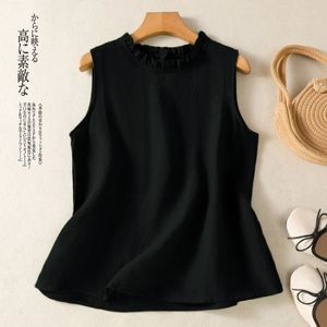 Women Sleeveless Top Black Ruffled Neck Cotton Linen Breathable Summer Vest - Product Image 1