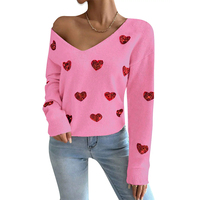 Valentine Sequin Coeur Broderie Tricot Col V Manches Longues Épaule tombante Doux Pull Pull Femmes
