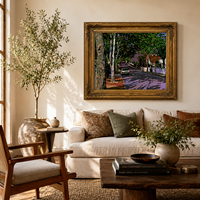 Cuadro al óleo de calle con árboles, coche vintage y paisaje suburbano, arte de pared con marco dorado para decoración de hoteles, cafeterías y salas de estar