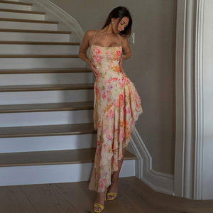 เดรสยาวลายดอกไม้สไตล์วินเทจเรโทร ผ้าตาข่ายแบบไม่สมมาตร แต่งระบายเป็นชั้นๆ ดีไซน์เปิดหลังไขว้หลัง  ชุดเดรสสายเดี่ยวอเนกประสงค์สำหรับฤดูร้อน - Product Image 2