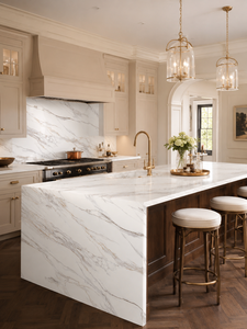 แผ่นควอตซ์ขนาดใหญ่ UNION STONE Calacatta Aurora หนา 15-30 มม. ทนทาน เป็นมิตรกับสิ่งแวดล้อม กันน้ำ ดีไซน์ทันสมัย สำหรับผนังและพื้นห้องครัว - Product Image 3