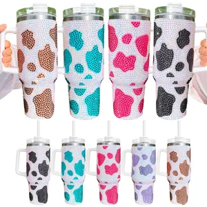 Super Sparkly copo camping ao ar livre Aço Inoxidável Chocolate Leite Cowprint 40oz Bling Rhinestone Vaca Impressão studded canecas Tumbler