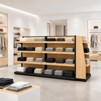 Étagère de présentation gondole double face en MDF bois clair, 4 niveaux, étagères arrière, étagère latérale, base noire, usage commercial