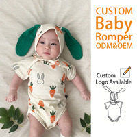 Body de Bebé Unisex de Algodón/Spandex Transpirable de Primera Calidad al por Mayor con Gorro de Orejas de Conejo, Manga Corta, Cierre de Botones y Estampado de Zanahoria para Bebés