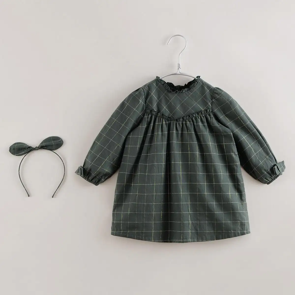 marc&janie LUFU French Series 220323 Spring Autumn Girls' Plaid Lace Dress Children'S Lace Retro Temperament Long Sleeve Dress