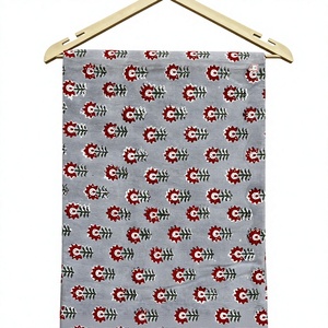 Premium Grey Pure Cotton Fabric Featuring Traditional Hand Block Print Red Floral Motifs And Dark <b>Green</b> Leaves Running Material - Product Image 1
