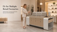 Vitrine d'exposition de lunettes sur mesure, mobilier de magasin d'optique, comptoir d'exposition en îlot avec design incurvé et étagères à lunettes multi-niveaux