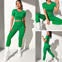 Ensemble de fitness pour femme, haut slim à manches courtes, pantalon de sport taille haute, ensemble de yoga sans couture, effet liftant des fesses, Spandex/Nylon