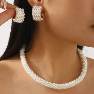 수제 청키 비즈 원석 및 2-3mm 작은 진주 목걸이 귀걸이 반지 팔찌 펜던트 주얼리 세트 - Product Image 2