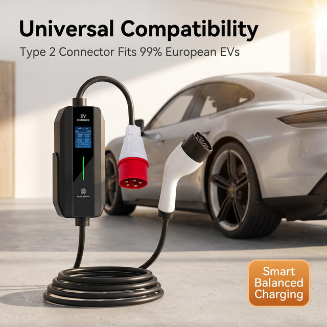 Portable 22kW Type 2 EV Charger with 3.5-22kW Adjustable Current, Plug & Play, 16A/32A, CE/TUV Certified Portable EV Charger