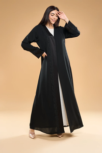 LEDUO Customized Elegant Women Black Chiffon V Neck Embroidery Ramadam Open Style Kaftan - Product Image 2