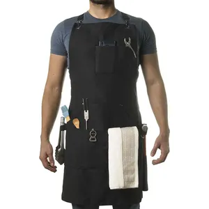 Cross Back Straps Chef BBQ Work Cotton Canvas Apron with Bottle Opener and Hand Towel For Men Women Grilling aprons