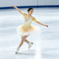 Robe de patinage artistique jaune dégradé avec strass, manches longues en maille, costume de compétition pour enfants et adultes