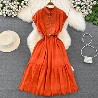 Robe chemise élégante Joydressing orange brodée à œillets pour femme, boutonnée, à volants, coupe trapèze, longueur midi, pour l'été, vente en gros, personnalisable