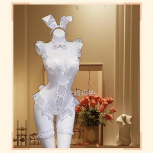 Cute Bunny Girl Uniform Set Role Play Costume <b>White</b> <b>Lace</b> Bodysuit With Bow Headband And Stockings 068 - Product Image 4