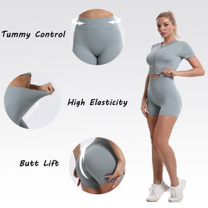 Nouveau sans couture Ropa Deportiva Gym vêtements tenues 2 pièces côtelé fermeture éclair Yoga Shorts à manches courtes haut court Yoga ensemble femmes - Product Image 3