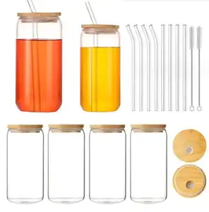 Coffee Cup Glass Tumbler Bpa Free High Borosilicate Glass With Bamboo Lid 16oz Soda Beer Can Shape Glass Cup