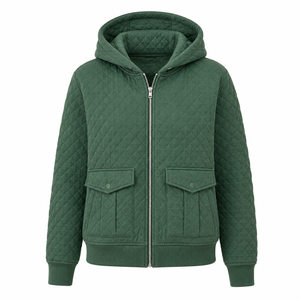 Chaqueta con capucha acolchada verde oscuro para mujer OEM, con cremallera, diseño de diamantes personalizado, estilo casual, tipo sudadera. - Product Image 4