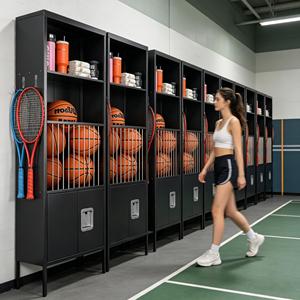 Armoire de rangement haute en <span class=keywords><strong>métal</strong></span> noir pour équipement sportif, <span class=keywords><strong>casier</strong></span> verrouillable avec étagères ouvertes, cage à ballons pour salle de sport et maison - Product Image 2
