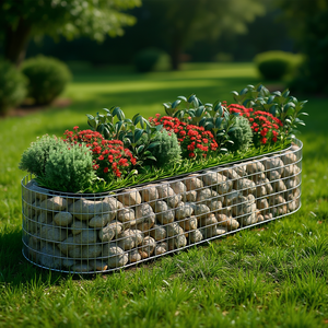 Jardinière surélevée en gabion, en fer galvanisé argenté, de forme elliptique, pour fleurs et plantes vertes - Product Image 2