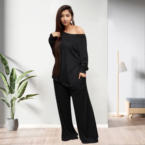 Ensemble deux pièces décontracté pour femme, chemisier fendu grande taille et pantalon large, tenue de détente - Product Image 2
