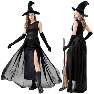 Disfraz de bruja para mujer, vestido largo negro con sombrero y guantes, traje de Cosplay para fiesta de Halloween, disfraz Sexy para escenario - Product Image 1