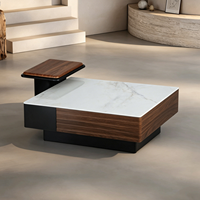 Mesa de Centro Moderna Multifuncional con Dos Cajones, Acabado en Madera PVC, Superficie de Piedra Microcristalina y Mesa Auxiliar a Juego