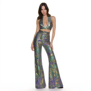 Conjunto de Top Corto Metálico con Cuello Halter y Pantalones Acampanados para Mujer, Estilo <span class=keywords><strong>K</strong></span>-pop para Actuaciones en Escenario, Poliéster, 2 Piezas - Product Image 1