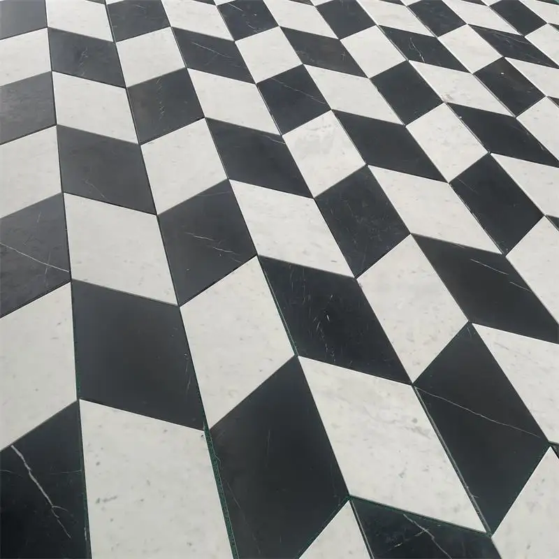 Azulejos de piso em mosaico para restaurante, uso em projeto, Nero Marquina e Carrara branco, jato de água