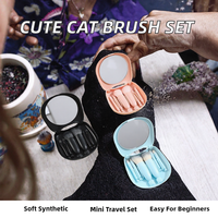 Mini ensemble de 6 pinceaux de maquillage plats en forme de chat avec poils doux et délicats, miroir inclus, pour débutants, outils de beauté pour le visage, faible MOQ