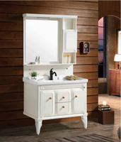 Meuble-lavabo de salle de bain vintage classique blanc sur pied, personnalisé, en PVC imperméable et durable, avec miroir et vasque, vente en gros