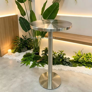 Tavolo Alto Moderno in Acciaio Inox Spazzolato con Texture Radiale, Base Alta per Bistrot, Caffè, Ristoranti e Hotel, Arredamento Commerciale - Product Image 1
