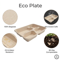 Plateau alimentaire compostable en bagasse à 4 compartiments, compatible micro-ondes, jetable, pour cantine scolaire (vente en gros)